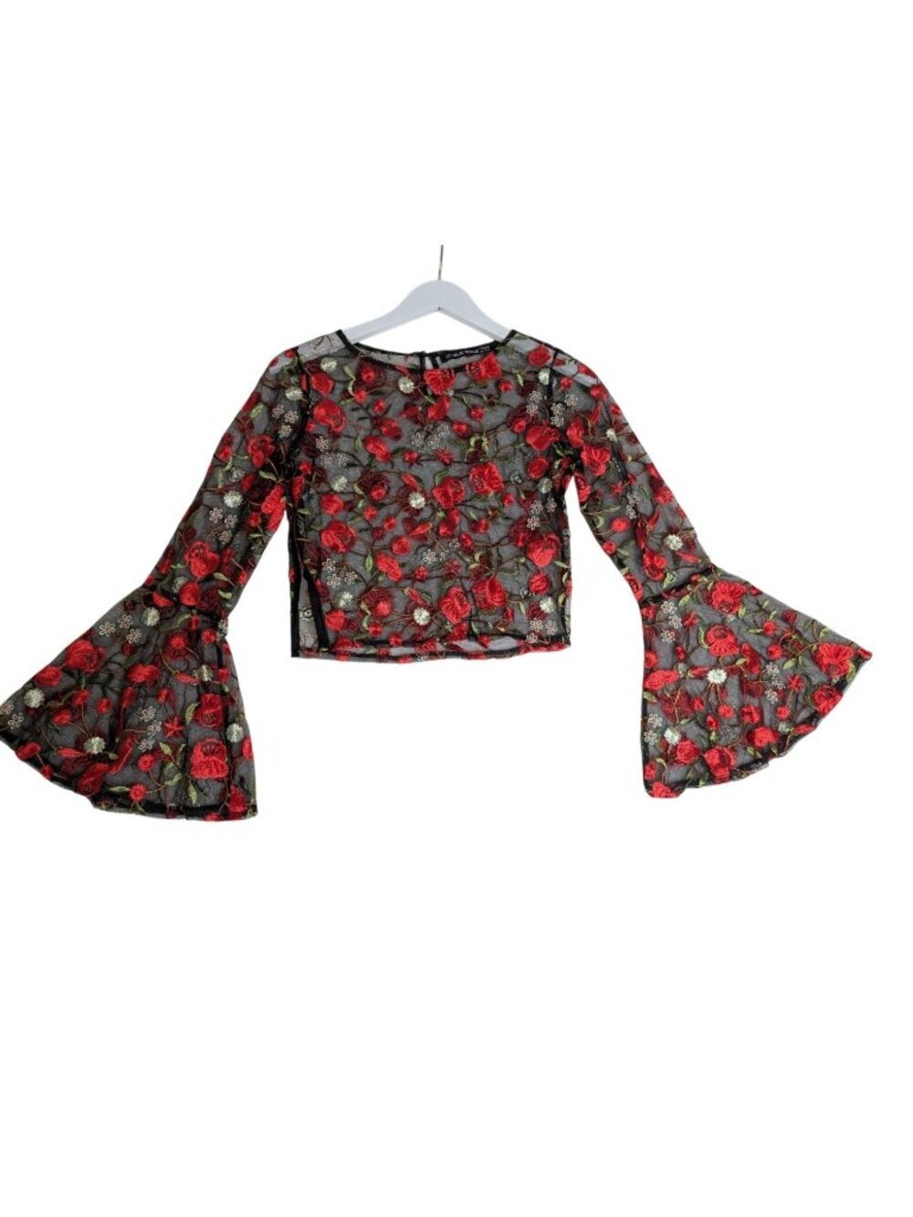 Embroidered Sheer Black Mesh Crop Top With Red Rose Design & Bell Sleeves By Hau - Picture 2 of 13